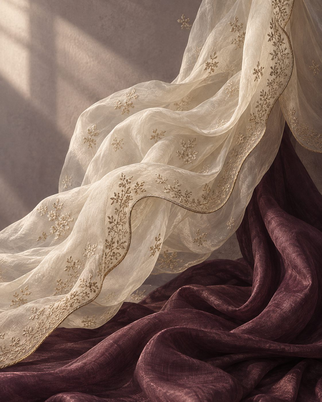 AI-generated close-up of richly textured plum fabric and fine embroidery