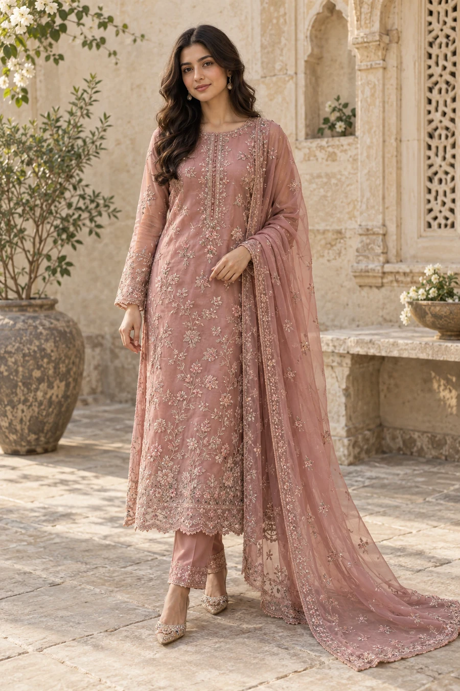 AI-created model wearing the Gul dusty rose organza ensemble