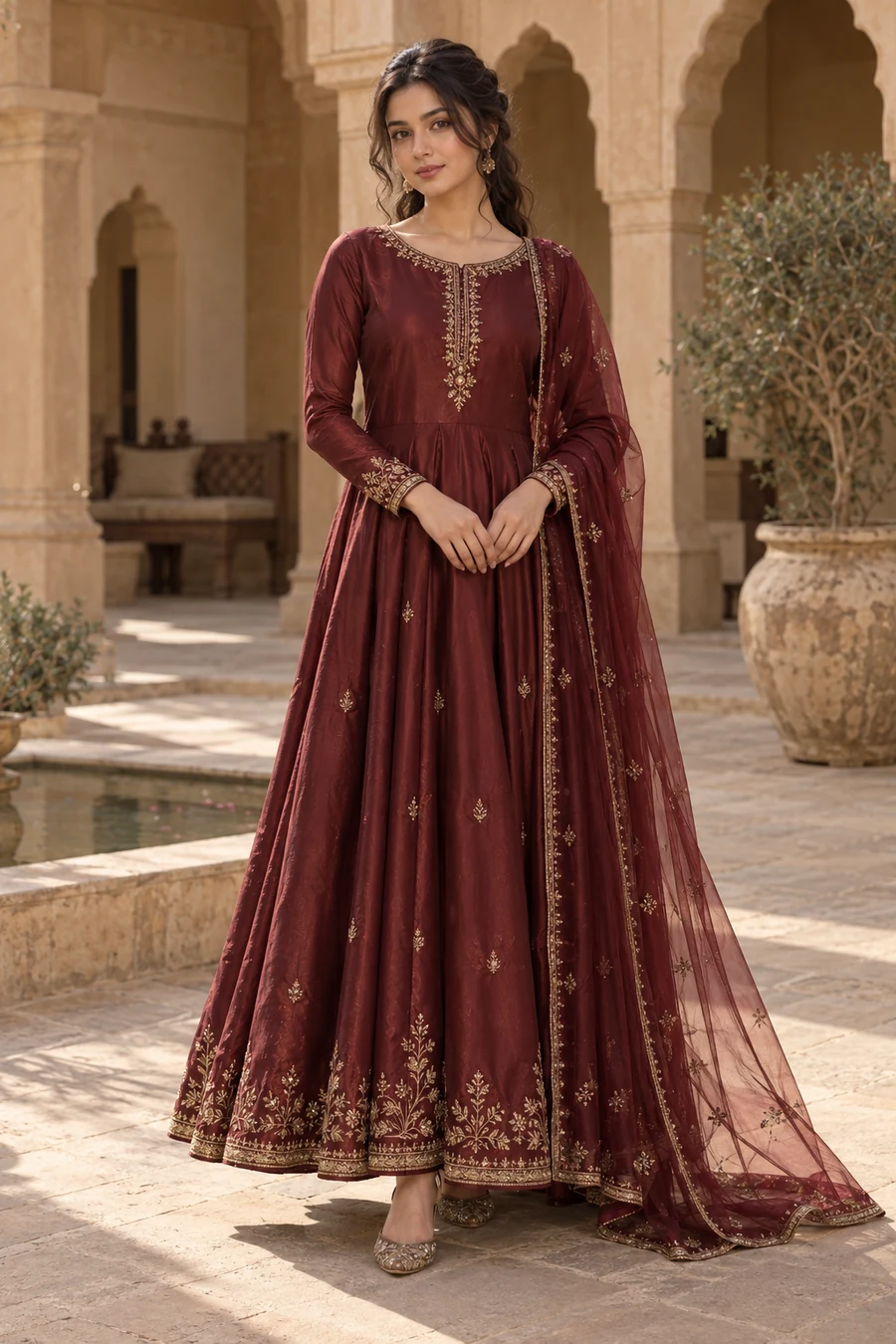 AI-created model wearing the Mehr burgundy peshwas and dupatta