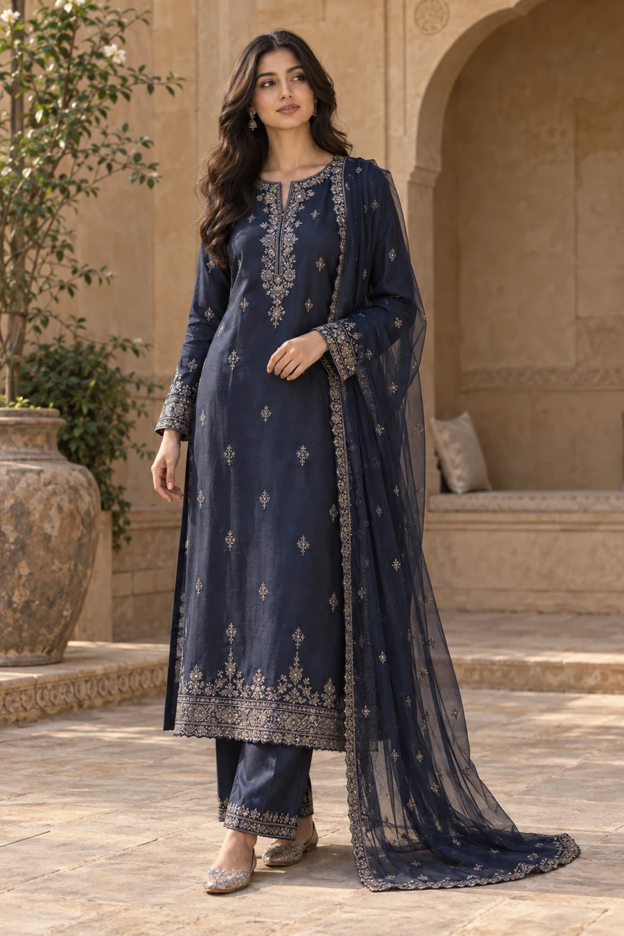 AI-created model wearing the Neel midnight blue festive ensemble