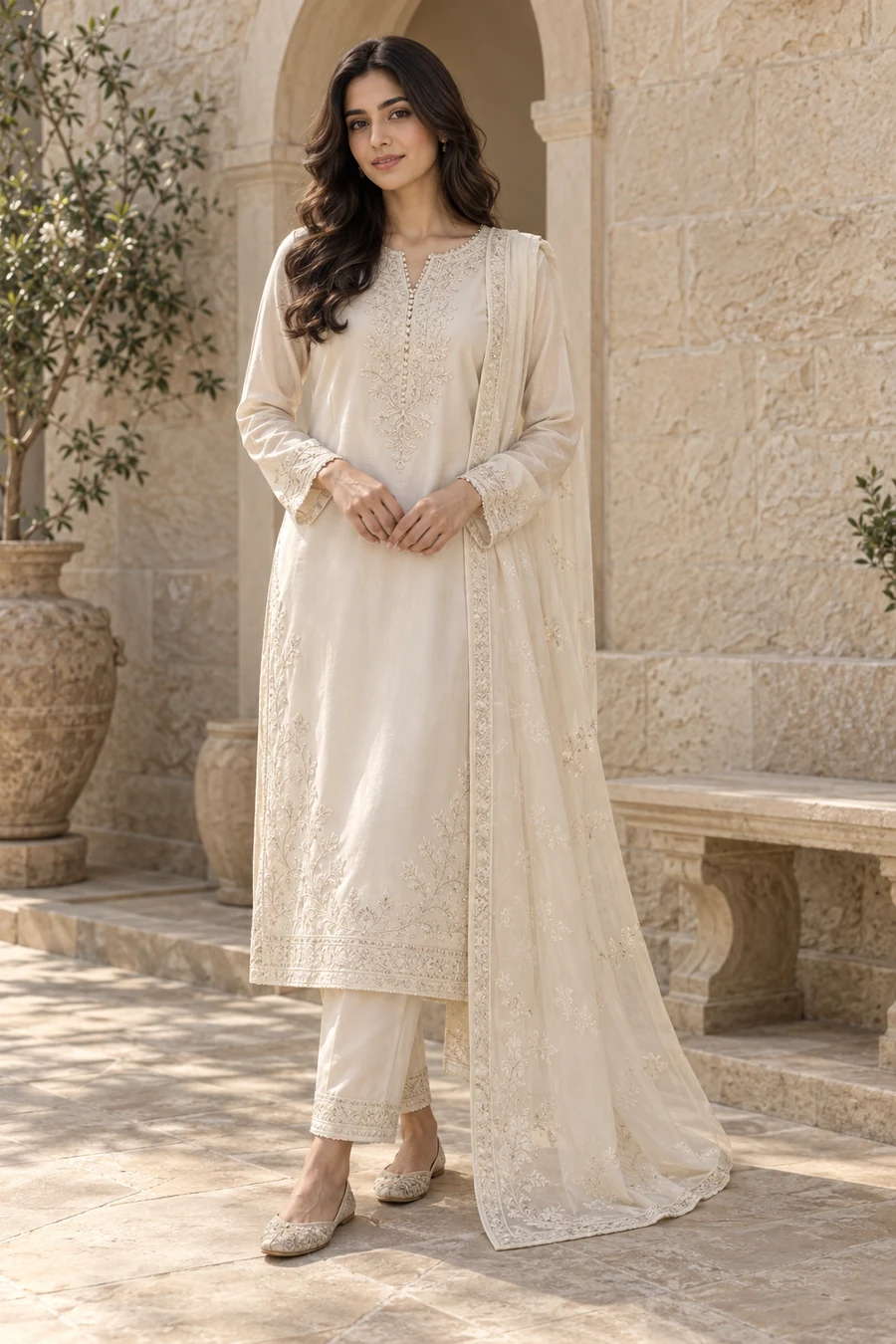 AI-created model wearing the Noor ivory embroidered silk set