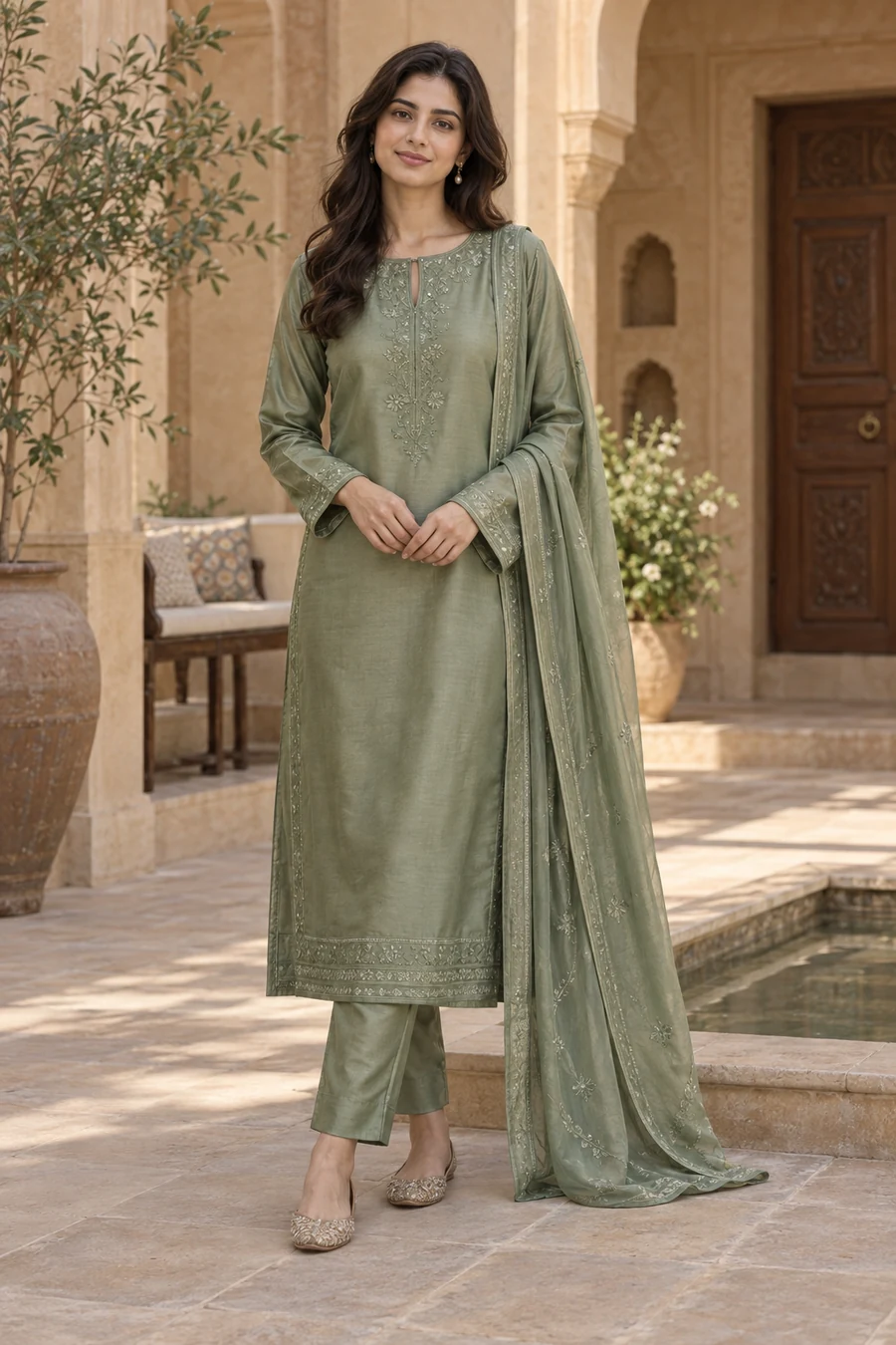 AI-created model wearing the Sahar sage green silk kurta and trousers